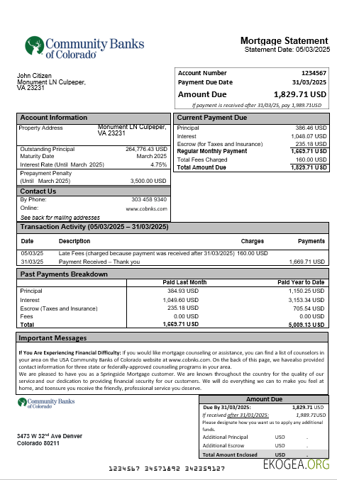 Relevé d'hypothèque bancaire des USA Community Banks of Colorado aux formats Word et PDF